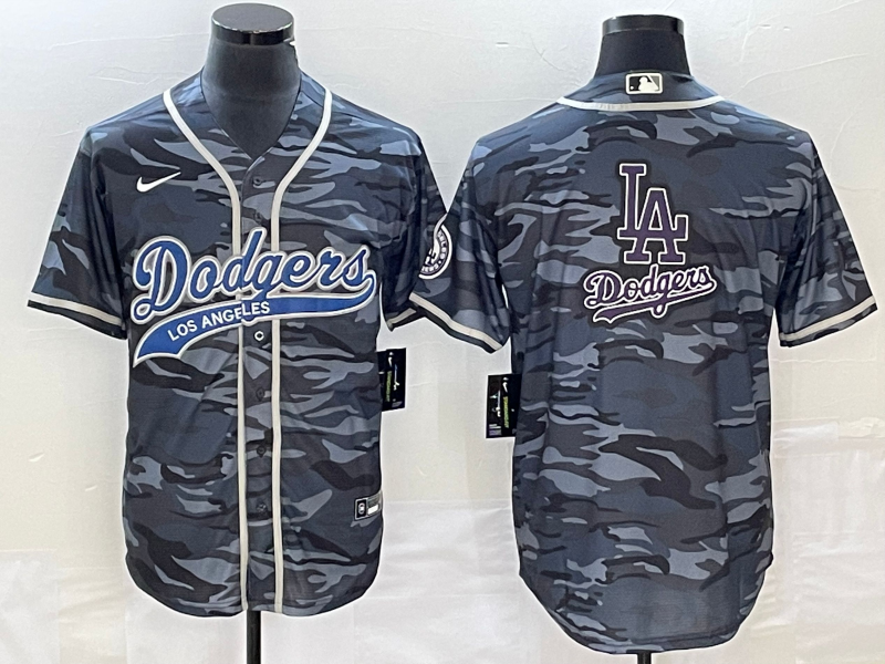 Men's Los Angeles Dodgers Gray Camo Team Big Logo Cool Base With Patch Stitched Baseball Jersey
